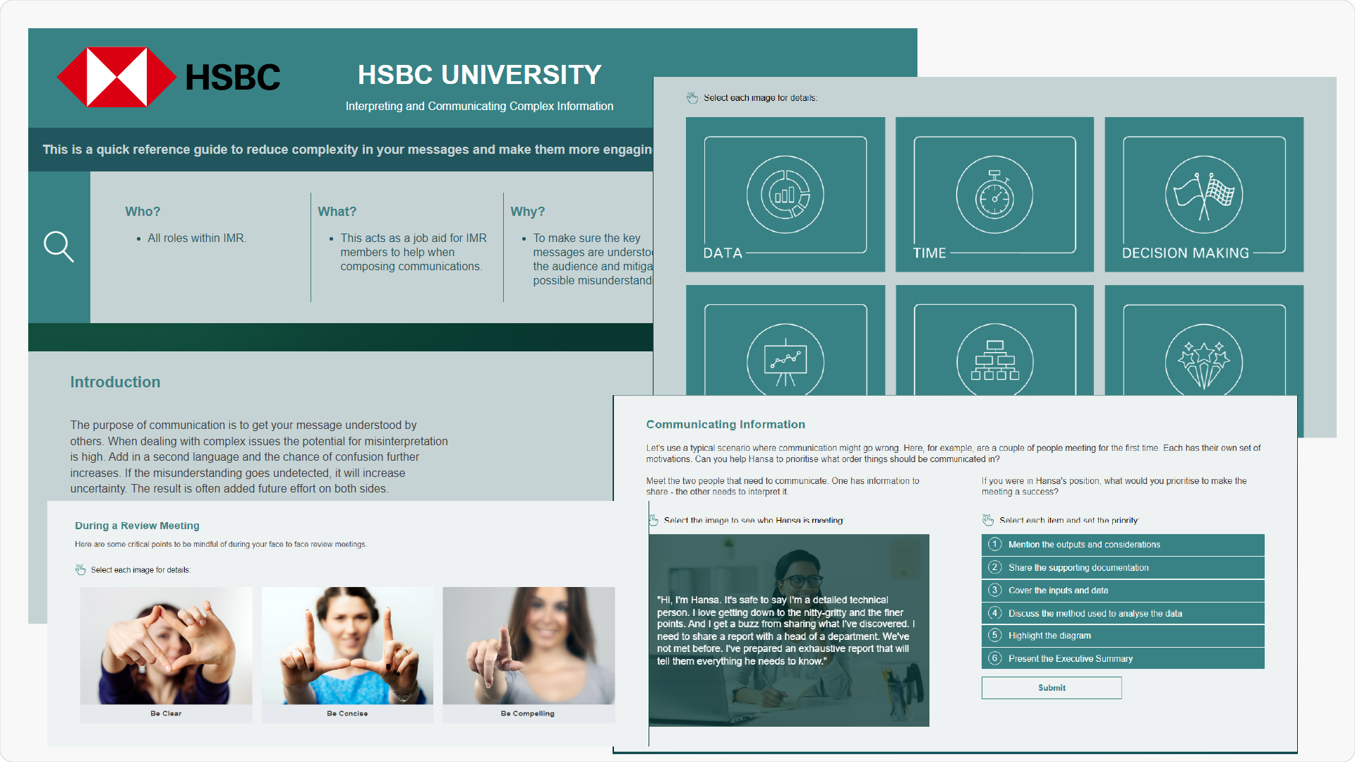 screen shots of eLearning modules in a jade green, with the hsbc logo